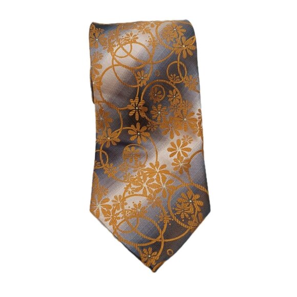 Fratello Necktie Floral Gray Gold Stripes Tie - Picture 1 of 5